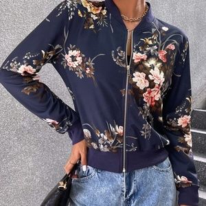 Navy Blue Floral Print Zipper Jacket Shacket